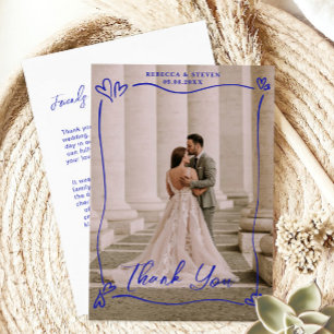 結婚写真の青い落書きハートオーバープリントボーダー サンキューカード