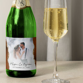 結婚写真バーントオレンジゴールドアゲートスクリプト スパークリングワインラベル