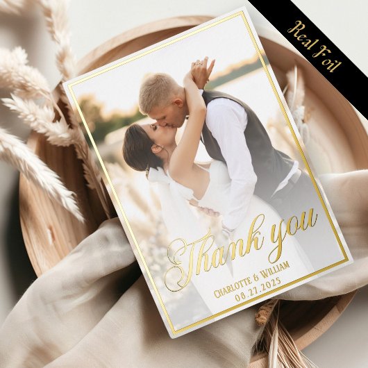 結婚写真 ゴールド手書き風スクリプト フォイル加工 サンクスカード 箔招待状
