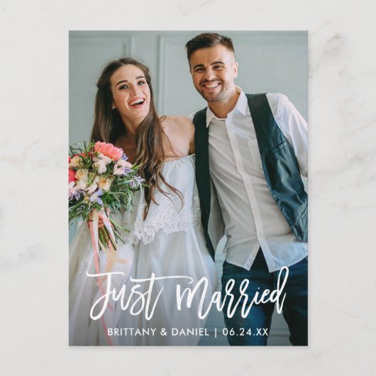 結婚写真　新婚　ブラシスクリプト　モダン ポストカード (正面)
