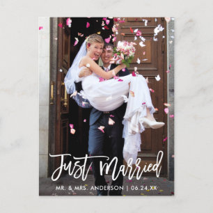 結婚写真 結婚しました モダン ブラシ スクリプト ポストカード