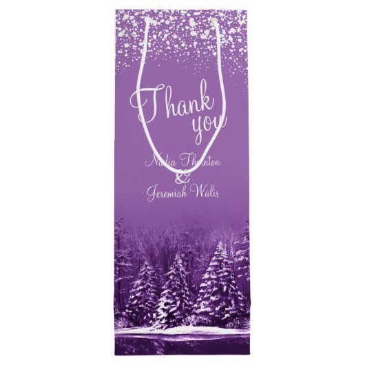 結婚冬の松の木の紫の芸術感謝していよ ワインギフトバッグ (裏面)