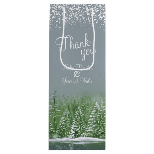 結婚冬の松の木の緑の灰色の芸術感謝していよ ワインギフトバッグ (正面)