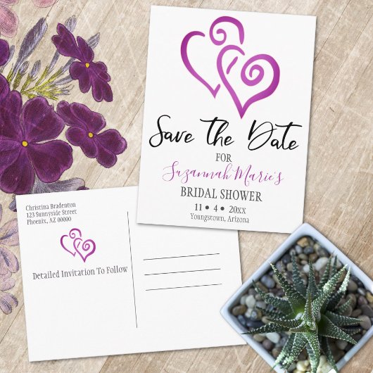 結婚前のお祝い事のSave The Date マゼンタのリンクハート 案内ポストカード