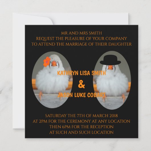 結婚名言付きのゼブラフィンチのウェディング 招待状 (正面)