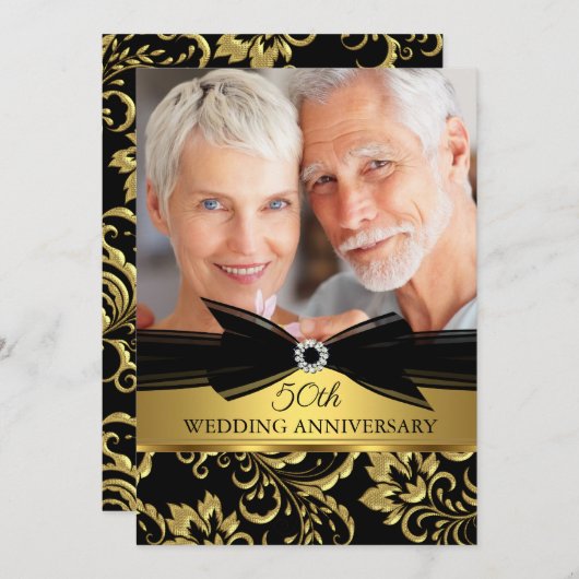 結婚周年記念ブラック金ゴールドダマスク写真 招待状 (正面/裏面)