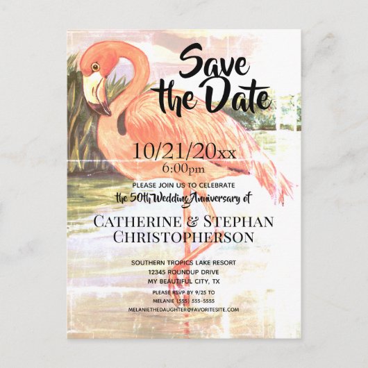 結婚周年記念ヴィンテージピンクフラミンゴ芸術的 案内ポストカード (正面)