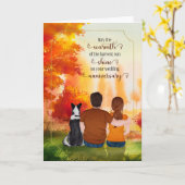 結婚周年記念夫婦と犬の秋の夕日 カード (黄色い花)