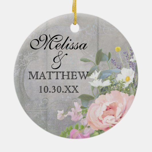 結婚周年記念素朴カントリーシックフローラアート セラミックオーナメント (裏面)