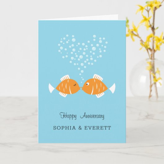 結婚周年記念結婚したカップルハート魚 カード (黄色い花)