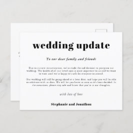 結婚延期のお知らせカード　モノクロのタイポグラフィーデザイン 案内ポストカード