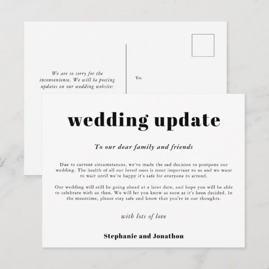 結婚延期のお知らせカード　モノクロ タイポグラフィ 案内ポストカード (正面/裏面)