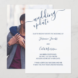 結婚延期のお知らせカード 青い筆記体 結婚最新情報 招待状