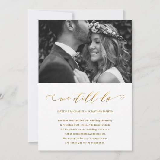 結婚延期のお知らせ 偽の金箔 私たちはまだ結婚します フォト 案内状 (正面)