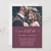 結婚延期のお知らせ 私たちはまだする バーガンディの写真 案内状 (正面)