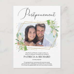 結婚延期のグリーンを使った写真の結婚式延期のお知らせ ポストカード