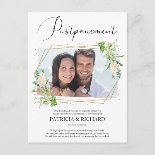 結婚延期のグリーンを使った写真の結婚式延期のお知らせ ポストカード (正面)