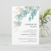 結婚延期 おしゃれなターコイズとゴールドのユーカリ 案内状 (スタンド正面)