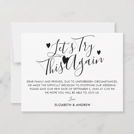 結婚延期 新たな計画を  今度こそ 案内状 (正面)