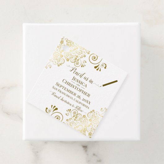 結婚式で私たちを鉛筆の日付を保存金ゴールド&白 フェイバータグ (インサイチュ)