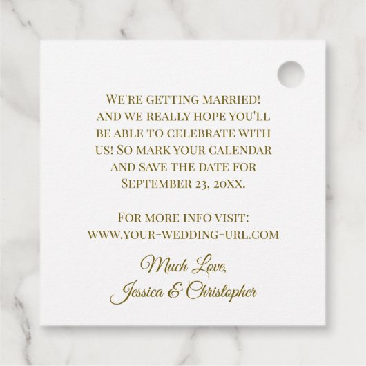 結婚式で私たちを鉛筆の日付を保存金ゴールド&白 フェイバータグ (裏面)