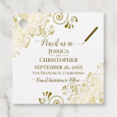 結婚式で私たちを鉛筆の日付を保存金ゴールド&白 フェイバータグ (正面)