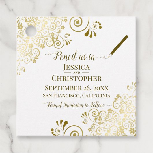 結婚式で私たちを鉛筆の日付を保存金ゴールド&白 フェイバータグ (正面)