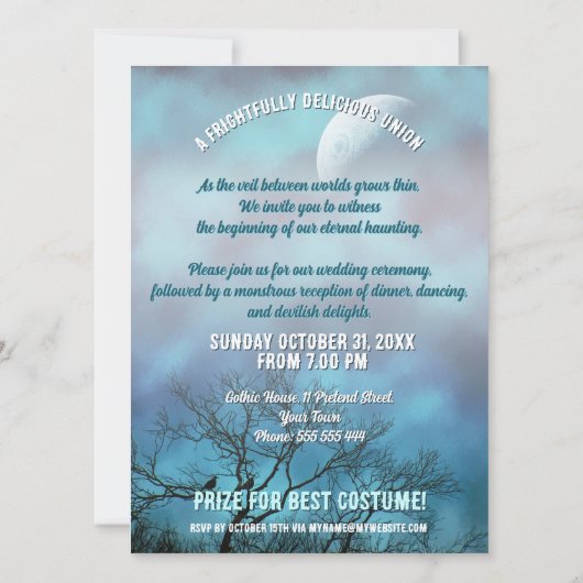 結婚式とハロウィンのためのゴシックブルーフルムーン 招待状 (裏面)