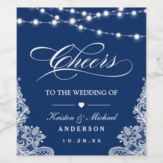 結婚式におめでとう ネイビーブルーのストリングライトのレース ワインラベル (シングルラベル)