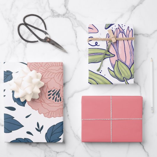 結婚式にぴったりなかわいい色と花のデザイン ラッピングペーパーシート (正面)