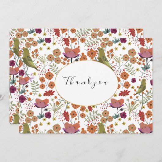 結婚式のお礼カード 鳥、花 夏 招待状 (正面/裏面)