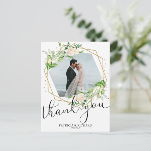 結婚式のお礼 グリーン ゴールド箔 ジオメトリック ポストカード (スタンド正面)