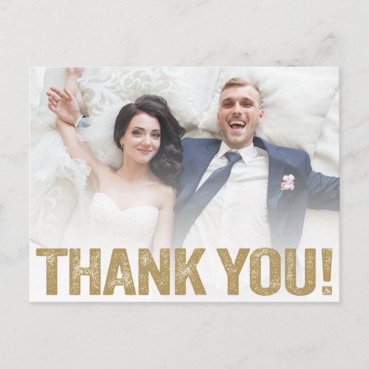 結婚式のお礼 | ゴールドのダメージ フォントを写真にオーバーレイ ポストカード (正面)