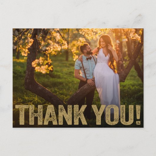 結婚式のお礼 | ゴールドのダメージ フォントを写真にオーバーレイ ポストカード (正面)