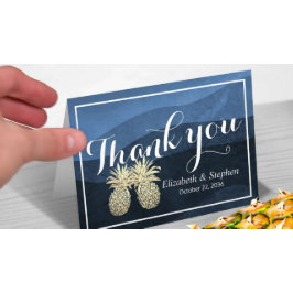 結婚式のお礼 ゴールドのパイナップル カップル ネイビーブルー サンキューカード
