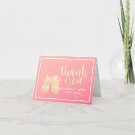 結婚式のお礼 ゴールドのパイナップル カップル ピンクのバラ サンキューカード