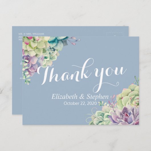 結婚式のお礼 シックな水彩多肉植物 ポストカード (正面/裏面)