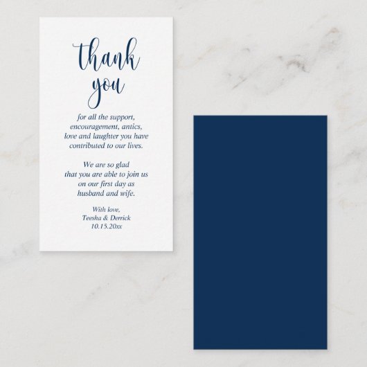 結婚式のお礼、モダンスクリプト、クラシックネイビーブルー エンクロージャーカード (正面/裏面)