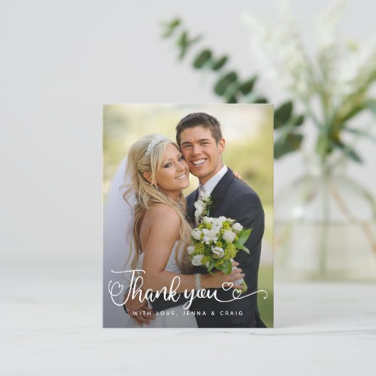 結婚式のお礼 | 写真上の手書きスクリプト ポストカード (スタンド正面)