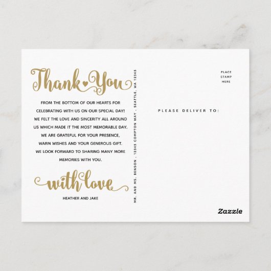 結婚式のお礼 | 手書きスクリプトオーバーフォト ポストカード (裏面)