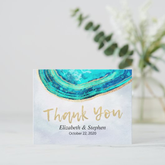 結婚式のお礼 水彩 ターコイズゴールド アゲートジオード ポストカード (スタンド正面)