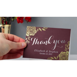 結婚式のお礼 現代的なゴールドローズ ワインレッド サンキューカード