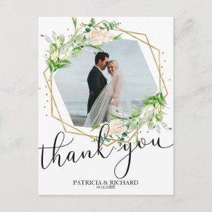 結婚式のお礼 緑 ゴールドホイル 幾何学 ポストカード