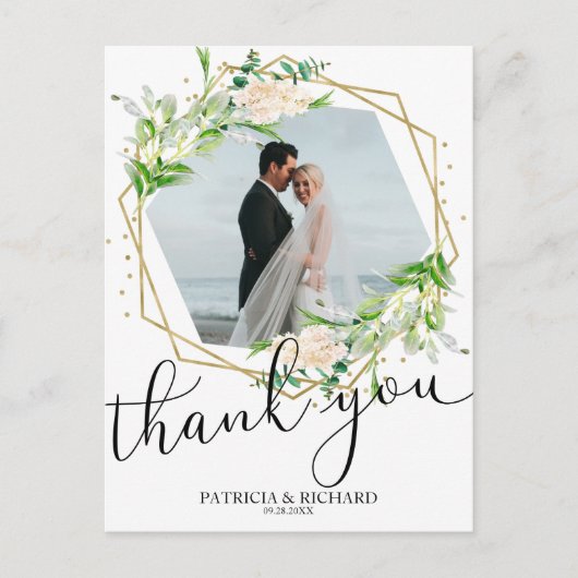 結婚式のお礼 緑 ゴールドホイル 幾何学 ポストカード (正面)
