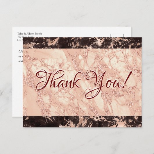 結婚式のお礼、黒とローズゴールドの大理石、メッセージ ポストカード (正面/裏面)