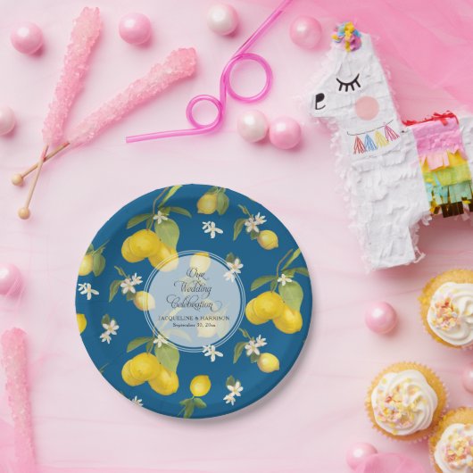 結婚式のお祝いのロイヤルブルーレモン花の柑橘類 ペーパープレート (パーティー)