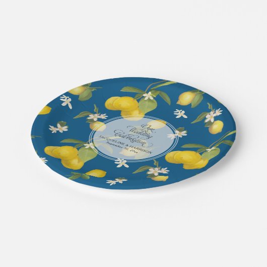 結婚式のお祝いのロイヤルブルーレモン花の柑橘類 ペーパープレート (アングル)