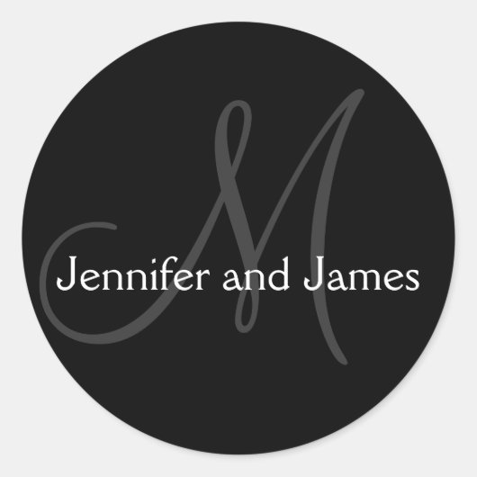 結婚式のためのモノグラムのステッカー黒 ラウンドシール (正面)