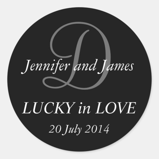 結婚式のためのモノグラムDステッカー黒 ラウンドシール (正面)