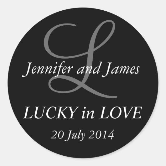 結婚式のためのモノグラムLステッカー黒 ラウンドシール (正面)